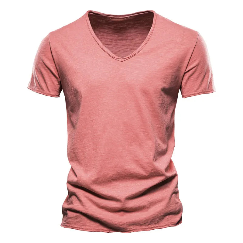Herren-T-Shirt mit V-Ausschnitt, kurzarm, einfarbig rosafarben, schmaler Schnitt