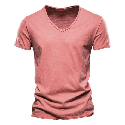 Herren-T-Shirt mit V-Ausschnitt, kurzarm, einfarbig rosafarben, schmaler Schnitt