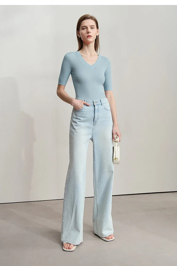 Damen V-Ausschnitt Pullover Viskose Halbarm Slim Büro Sommer