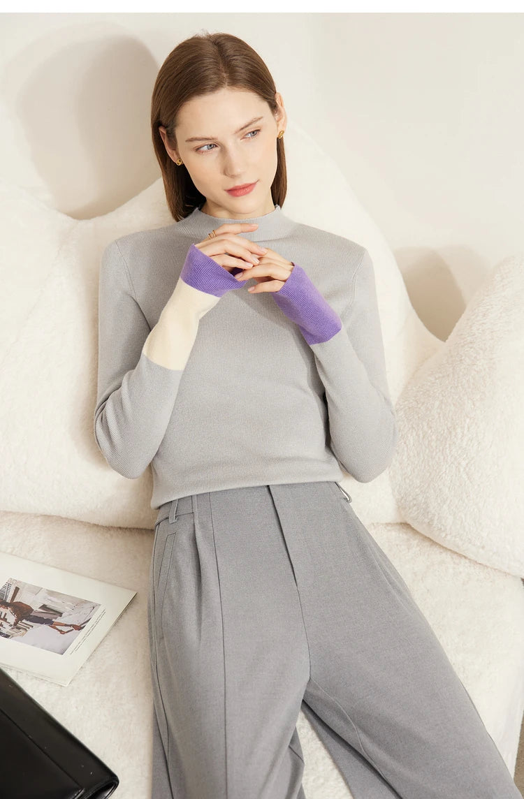 Damen-Halbrollkragen-Pullover Slim Farbkontrast Wolle-Mix Winter