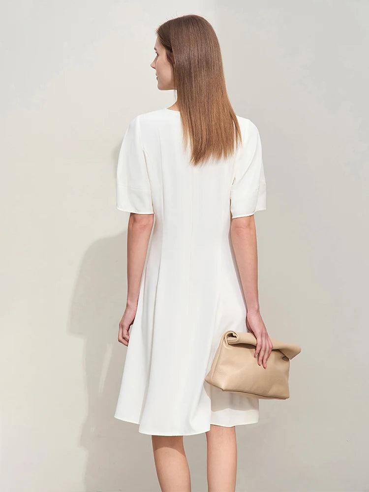 Elegant Damen Chiffon Kleid Midi O-Ausschnitt Laternenärmel Reißverschluss
