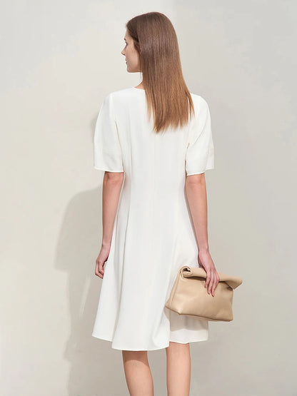 Elegant Damen Chiffon Kleid Midi O-Ausschnitt Laternenärmel Reißverschluss