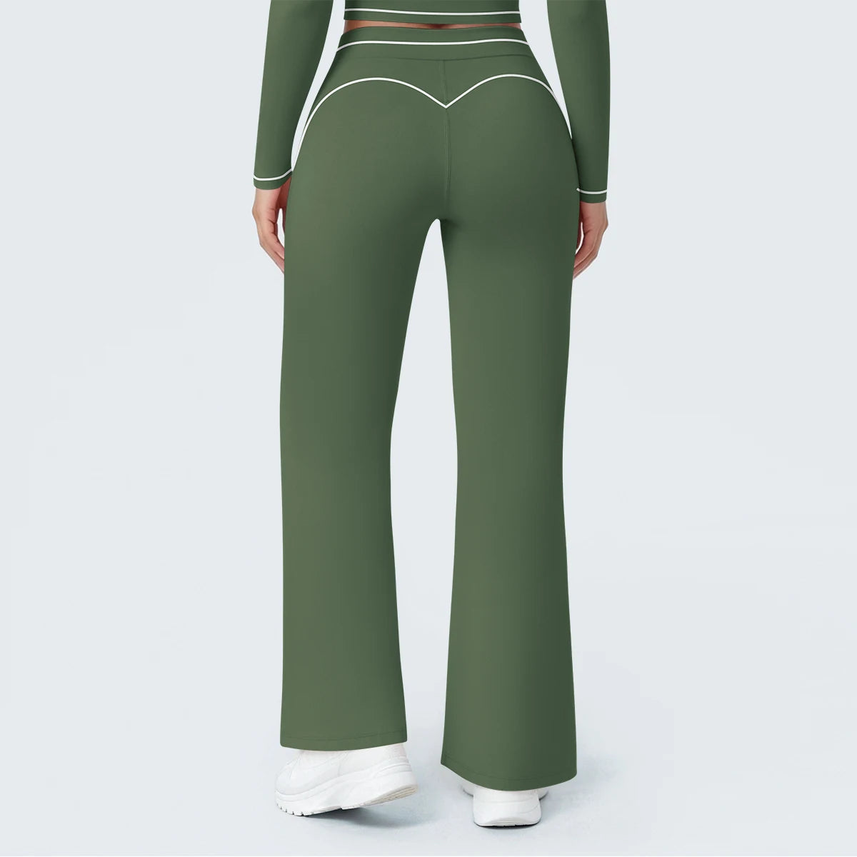 Dunkelgrüne Damen-Yoga-Hose mit weitem Bein und hohem Bund, Kontraststreifen