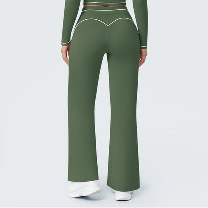 Dunkelgrüne Damen-Yoga-Hose mit weitem Bein und hohem Bund, Kontraststreifen