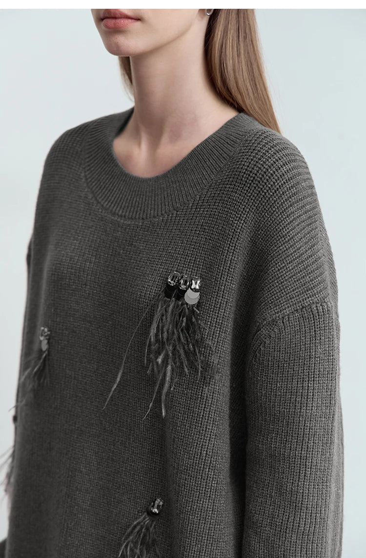 Damen-Rundhalspullover Perlen Strassapplikation locker Winter