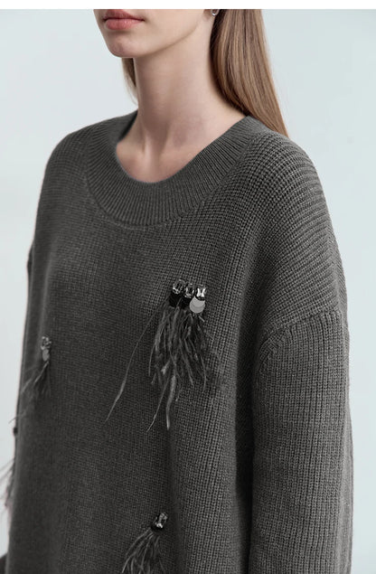 Damen-Rundhalspullover Perlen Strassapplikation locker Winter