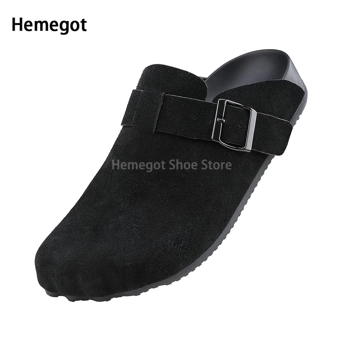 Herren-Slipper mit Schnallriemen, schwarze Veloursleder-Optik