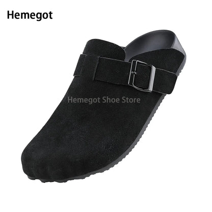 Herren-Slipper mit Schnallriemen, schwarze Veloursleder-Optik