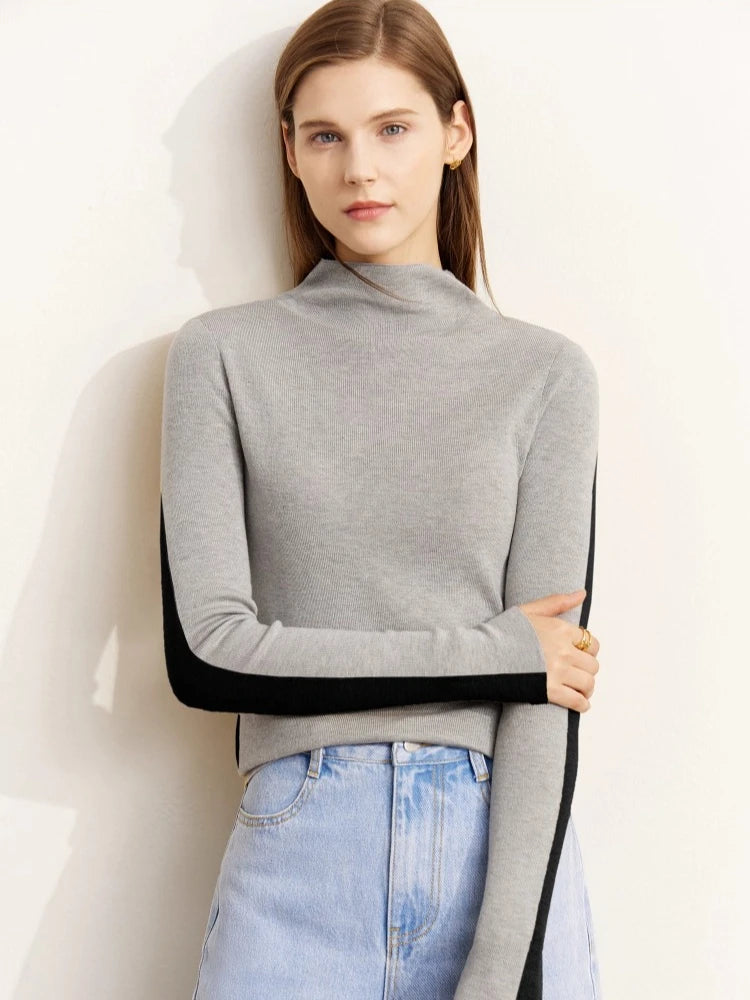 Damen-Halbrollkragen-Pullover Slim Patchwork Wolle-Mix Herbst-Winter