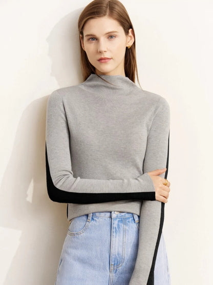 Damen-Halbrollkragen-Pullover Slim Patchwork Wolle-Mix Herbst-Winter