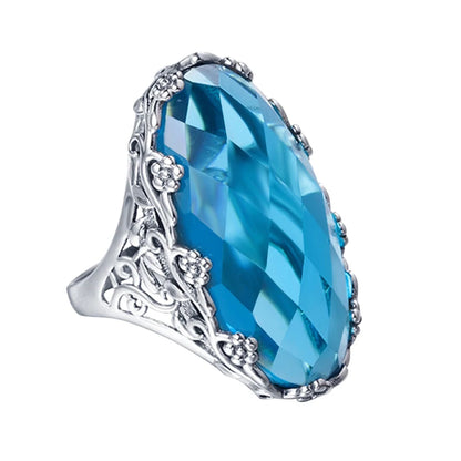 Damen-Ring aus 925er Sterlingsilber mit smaragdgrünem Stein und aufwändigem Blütenmuster