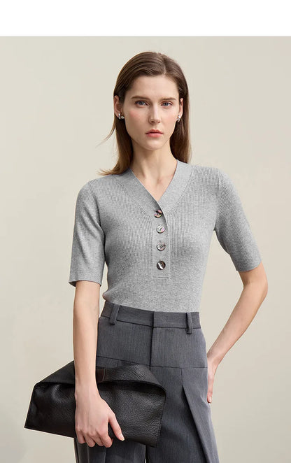 Damen V-Ausschnitt Pullover Wolle-Mix Halbarm Slim Frühling-Herbst