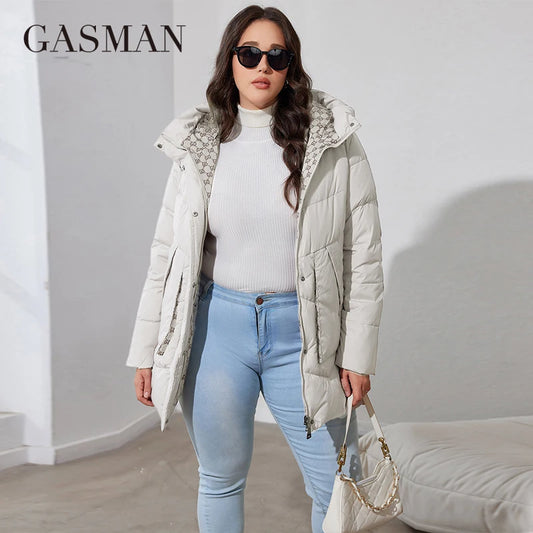 Kurze Damen-Daunenjacke mit Reißverschluss, Stehkragen und Kapuze – klassisches Design mit Taschen