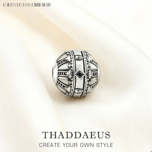 925-Silber-Charmeperle mit Krone- und Totenkopf-Ornament, rundes Design