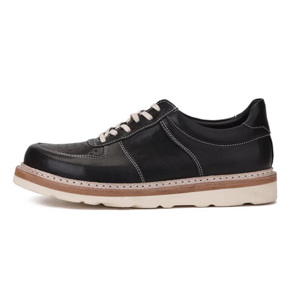 Round Toe Thick Soled Board Shoes Retro Genuine Leather Wear-Resistant Breathable Solid Color Casual Shoes Handmade Men's Shoes