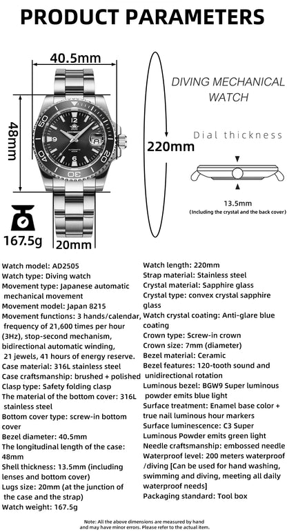 Herren-Taucheruhr mit Keramikluenette und 8215-Automatikwerk