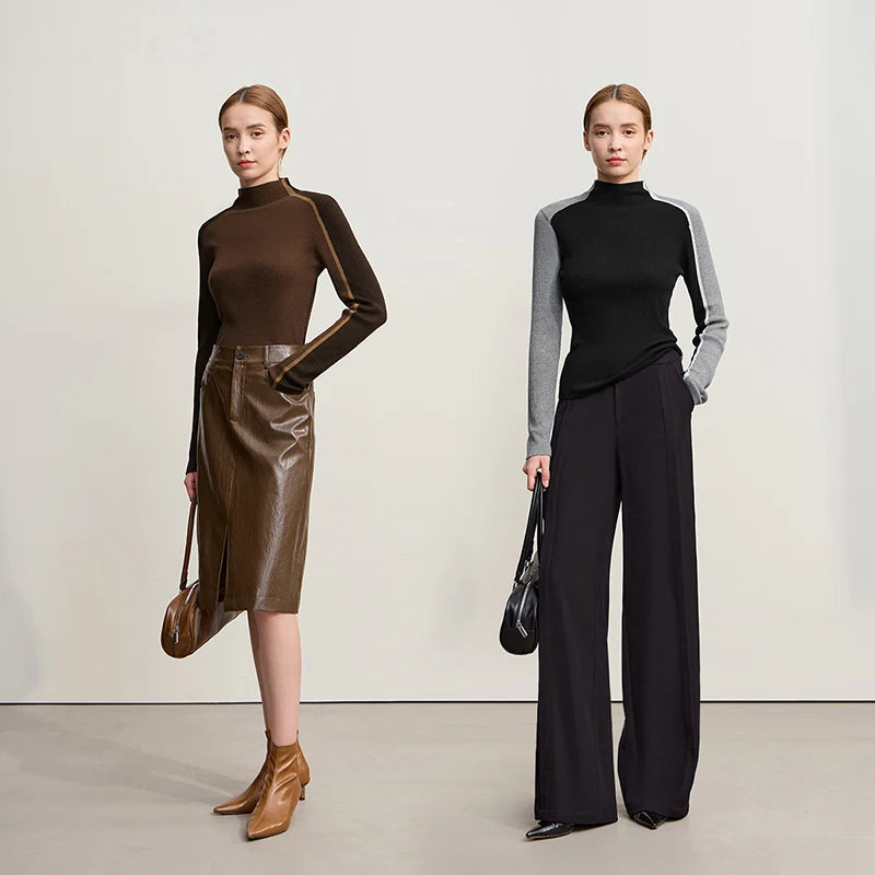 Damen-Halbrollkragen-Pullover Slim asymmetrisch Kontrast Winter