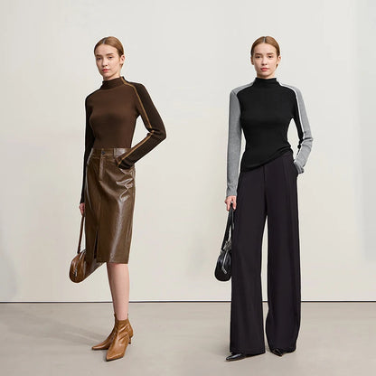 Damen-Halbrollkragen-Pullover Slim asymmetrisch Kontrast Winter