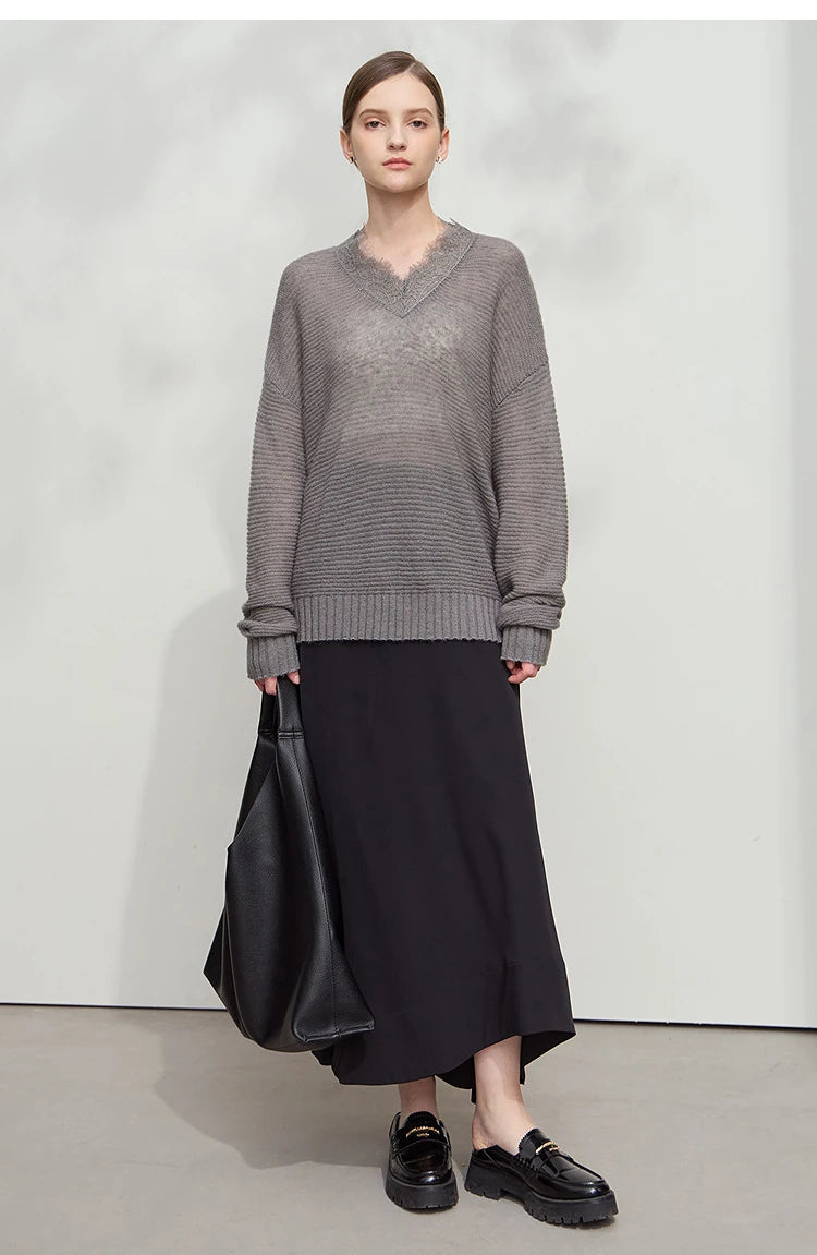 Damen V-Ausschnitt Pullover Mohair Spitze locker mittellang Frühling
