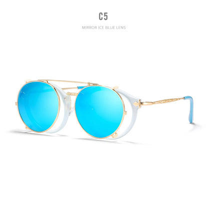 Sonnenbrille rund Steampunk Clip-On abnehmbar polarisiert Markenbox Herren