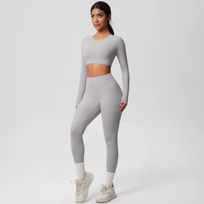 Yoga-Set mit langarmigem Crop-Top und Leggings, hellgrau