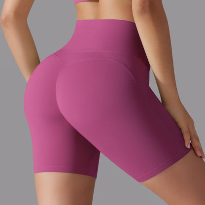 Yoga-Shorts mit hoher Taille, figurbetont, kräftiges Violett/Pink, mittellang mit Gesäß-Naht