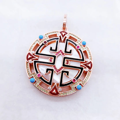 Roségoldener 925-Silberanhänger mit rundem Ornamentkreuz und bunten Steinen