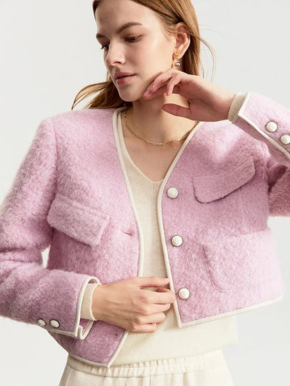 Damen Wollmantel im minimalistischen Design mit V-Ausschnitt und Taschen