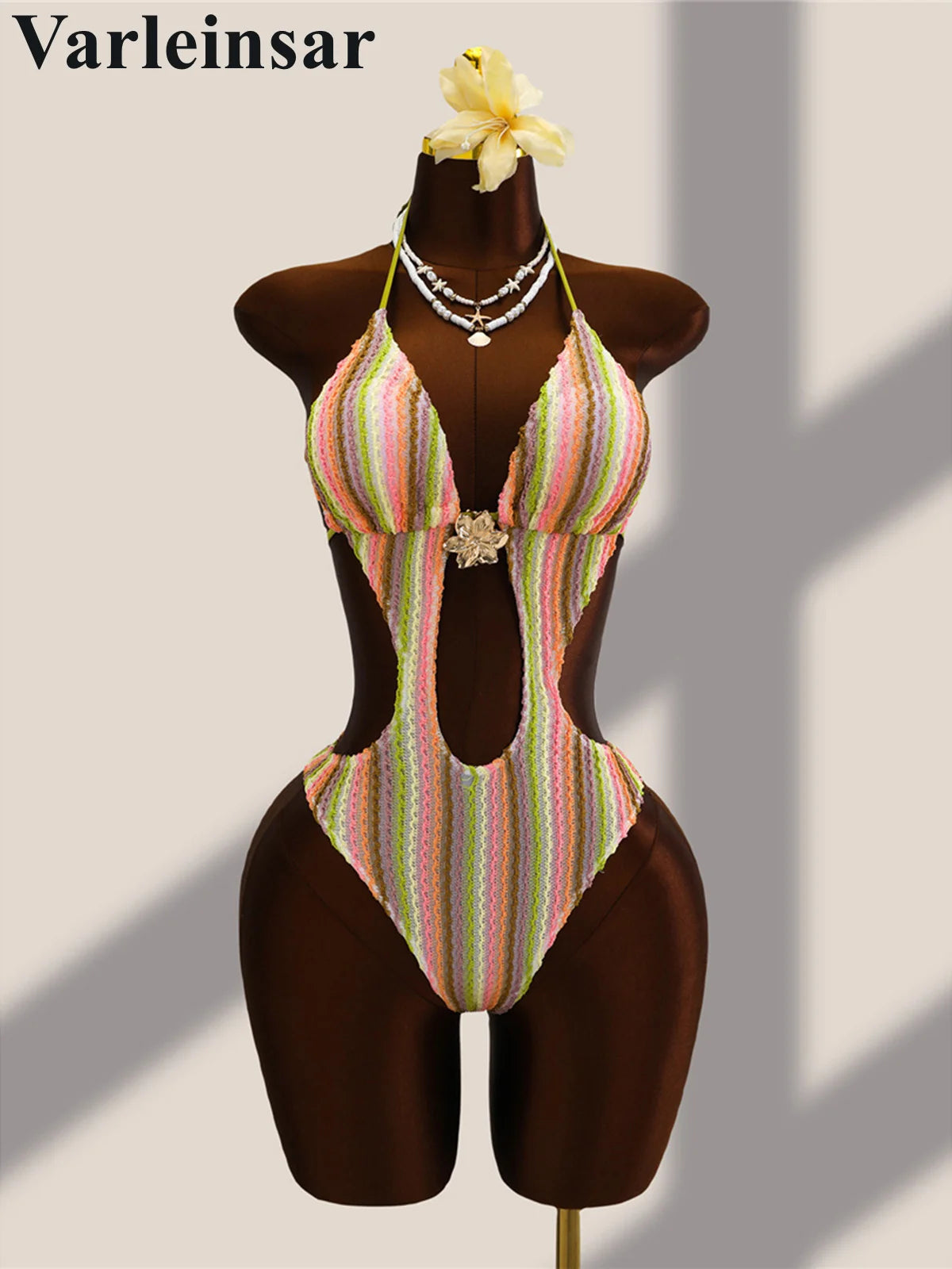 Damen Badeanzug gestreift bunt Neckholder Cut-Out hoher Beinausschnitt Monokini