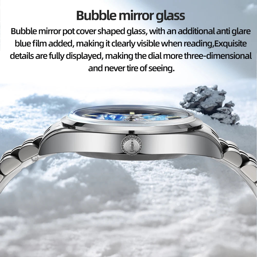 Herren-Automatikuhr mit 3D-Wolkenzifferblatt und Bubble-Glas