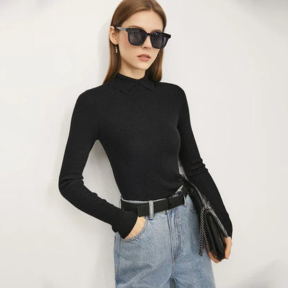 Damen-Pullover aus Strick mit hohen Umlegekragen, schwarz, langarm