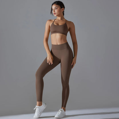 Nahtloses Yoga-Set in braun: Sport-BH und Leggings mit hoher Taille