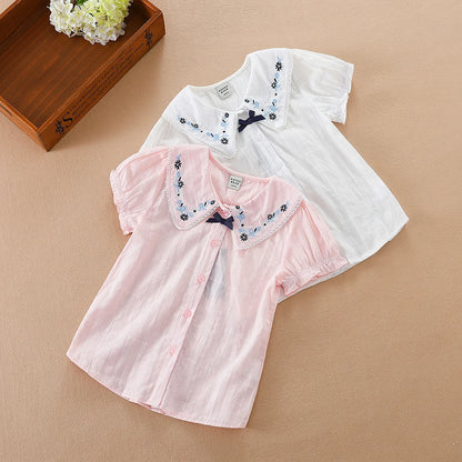 Mädchen Bluse Shirts Sommer Kurzarm Baumwolle Schöne Spitze Kausalen Weiß Tops Kinder Hohe Qualität Kleidung