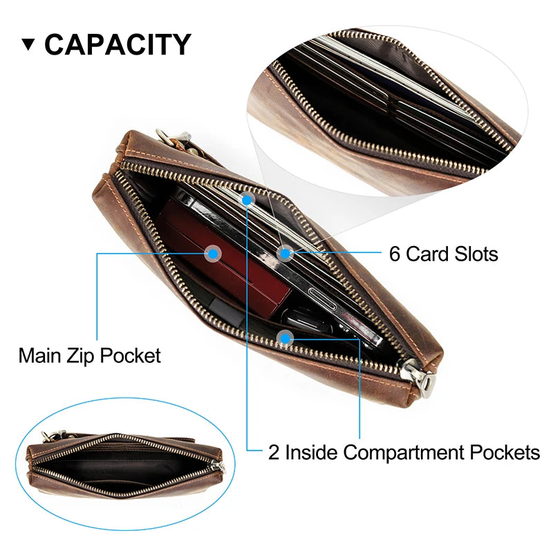 Braune Leder-Clutch mit Reißverschlussfächern: Hauptfach und 2 Innenfächer