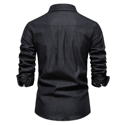 Herren Hemd aus Baumwolle im einfarbigen Denim-Look mit Tasche