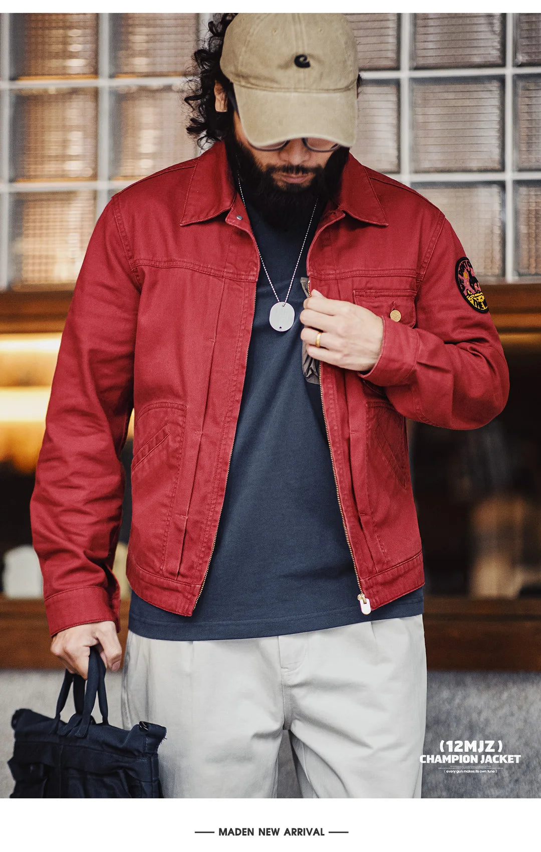 Herren Jacke Bestickte Slim-Fit Canvas Revers Mantel Zip-Up Casual