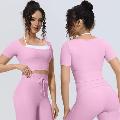 Damen Sport-T-Shirt, rosa Crop-Style mit breitem Rundhalsausschnitt und Schulterträgern