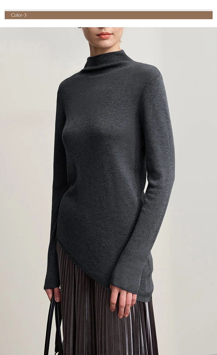 Amii-Pullover in dunkelgrau meliert mit Halb-Rollkragen, langärmlig, asymmetrischer Saum