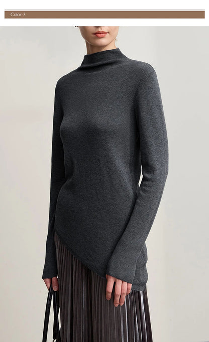 Amii-Pullover in dunkelgrau meliert mit Halb-Rollkragen, langärmlig, asymmetrischer Saum
