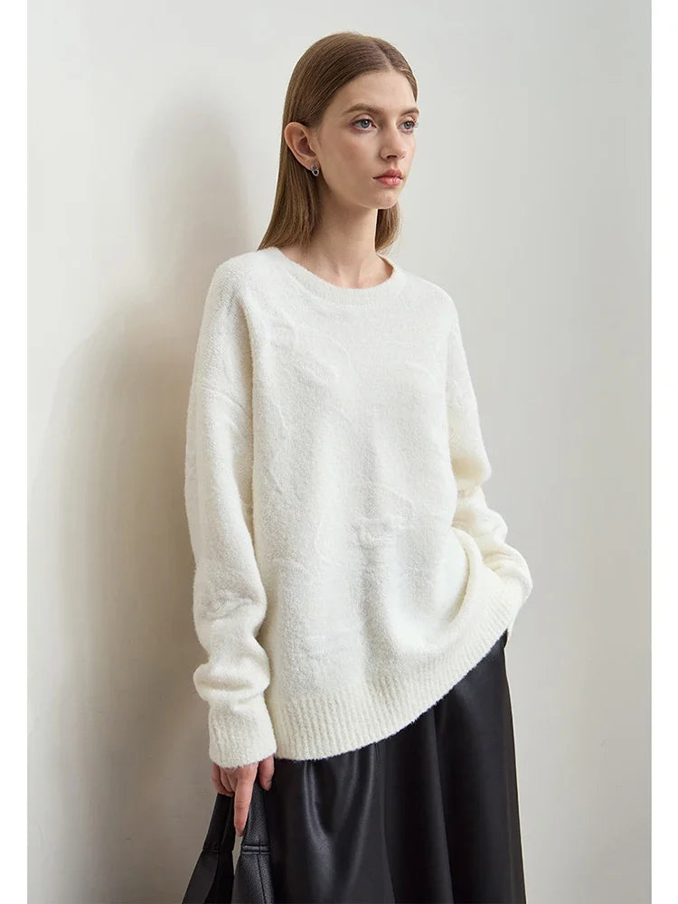 Damenpullover mit Rundhalsausschnitt aus weißem Jacquard-Strick, lockere Passform