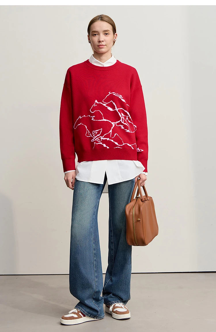 Damen-Rundhalspullover Tier-Jacquard locker Langarm Winter