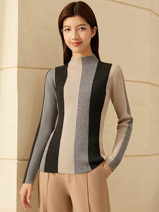 Damen-Rollkragenpullover mit Streifen-Patchwork in Grau und Beige, schmaler Schnitt