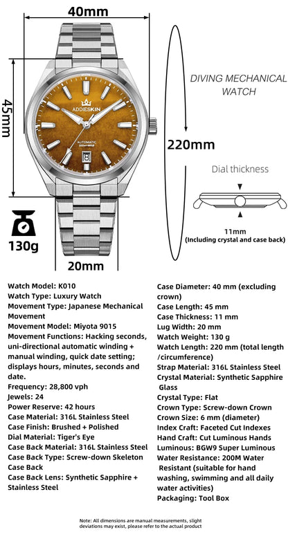 Herren-Automatikuhr mit Tigerauge-Zifferblatt und Saphirglas