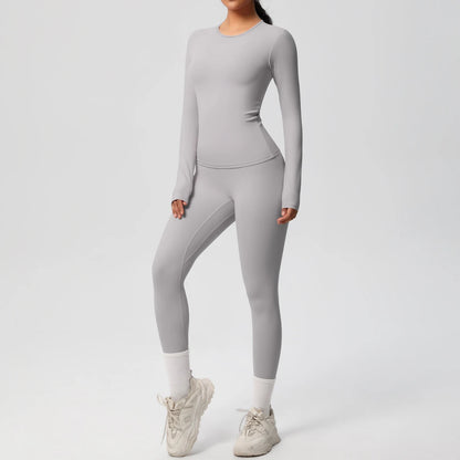Gym-Leggings-Set mit langarmigem Sport-Top und schmalen Leggings in Hellgrau