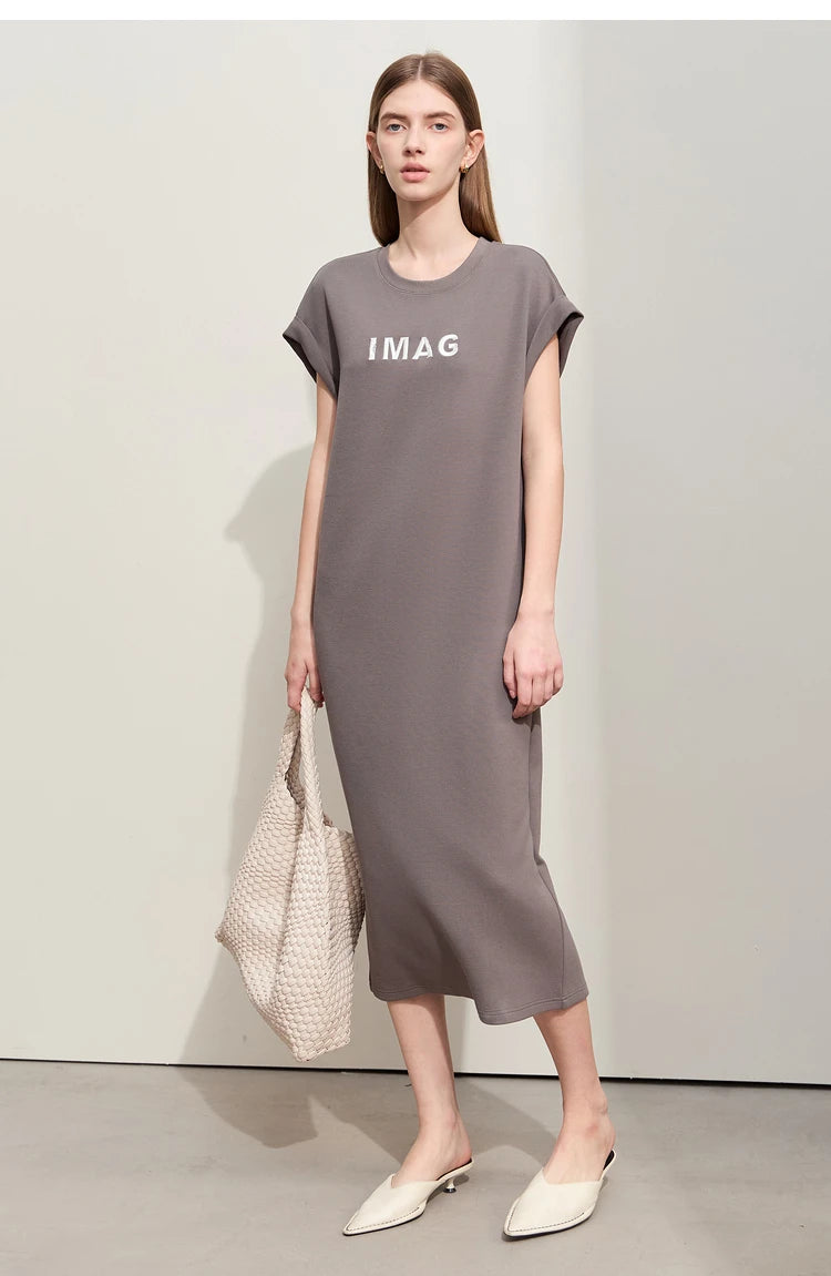 Damen Kleid für Sommer neue lässige O-Ausschnitt Kurzarm Midi gerade Perlen Stickerei Kleid Dame