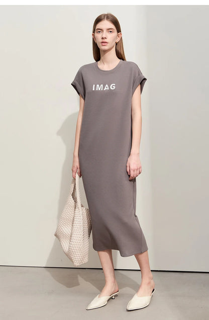 Damen Kleid für Sommer neue lässige O-Ausschnitt Kurzarm Midi gerade Perlen Stickerei Kleid Dame