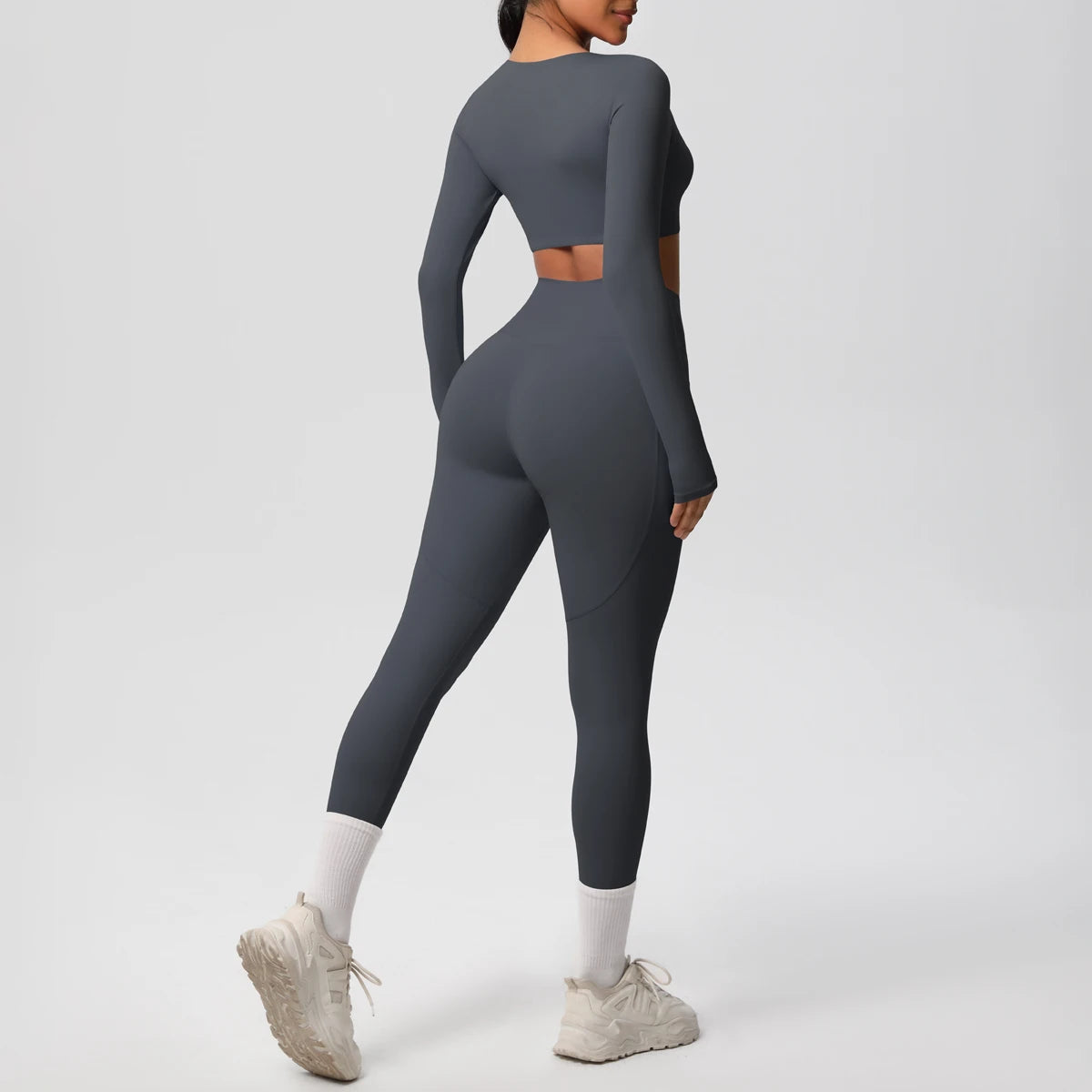 Dunkelblaues Yoga-Set, Rückansicht mit langen Ärmeln und 3/4-Leggings