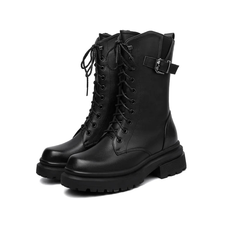 AIYUQI Women Boots Large Size Genuine Leather Thick Wool Warm Winter Biker Boots Women British Style Women Snow Boots