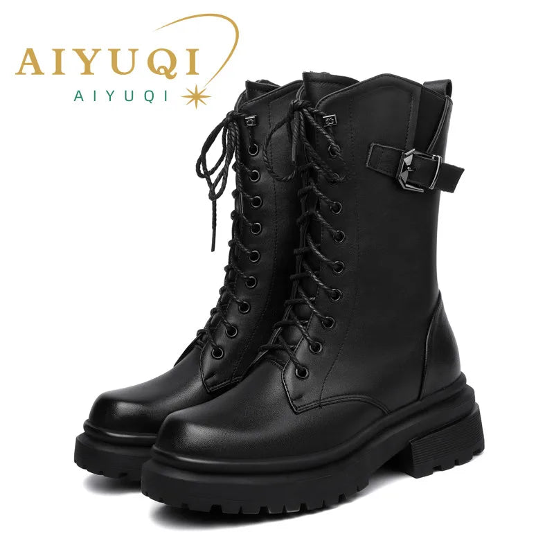 AIYUQI Women Boots Large Size Genuine Leather Thick Wool Warm Winter Biker Boots Women British Style Women Snow Boots