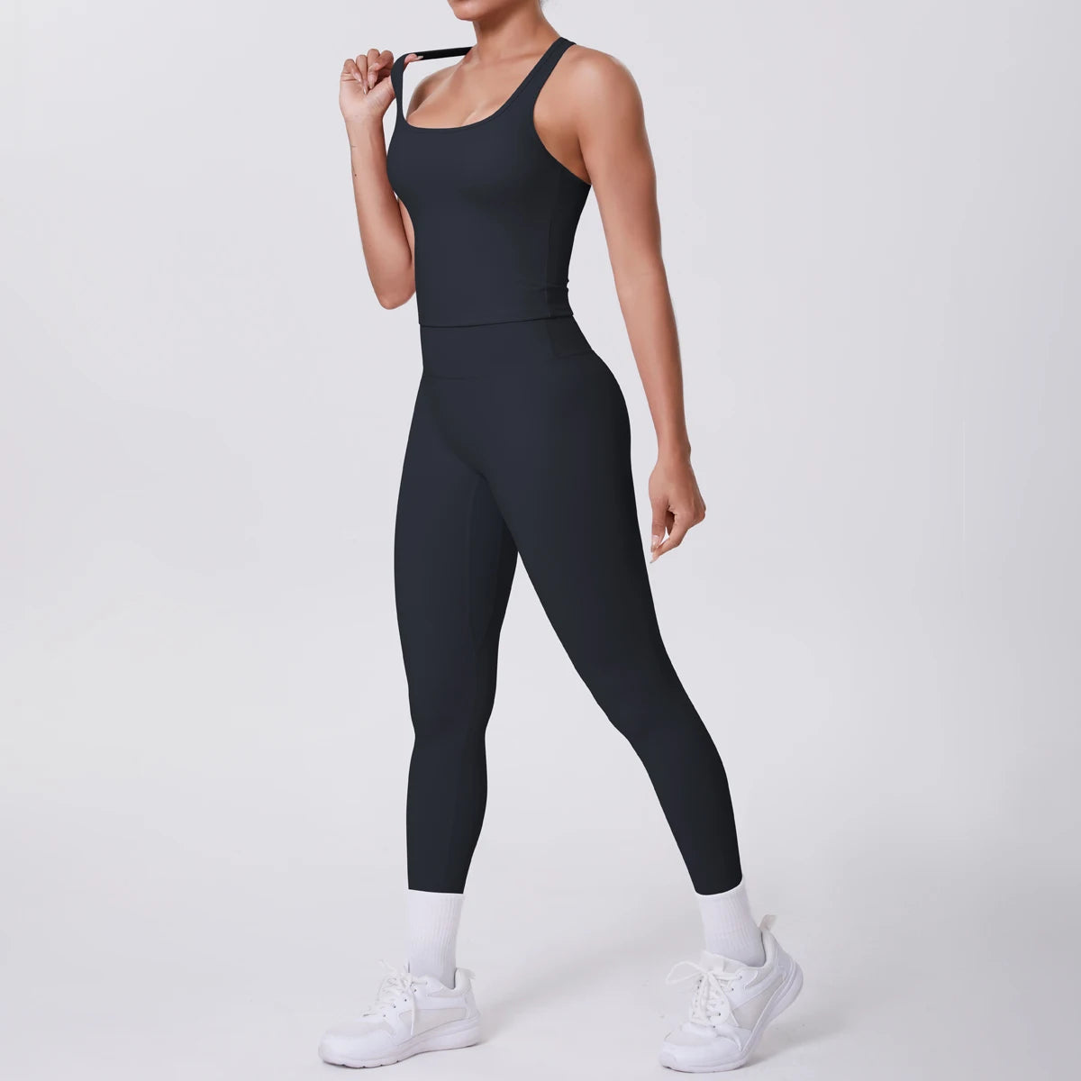 Damen Yoga-Set mit Trägertop und Leggings, einfarbig dunkel, Frontansicht